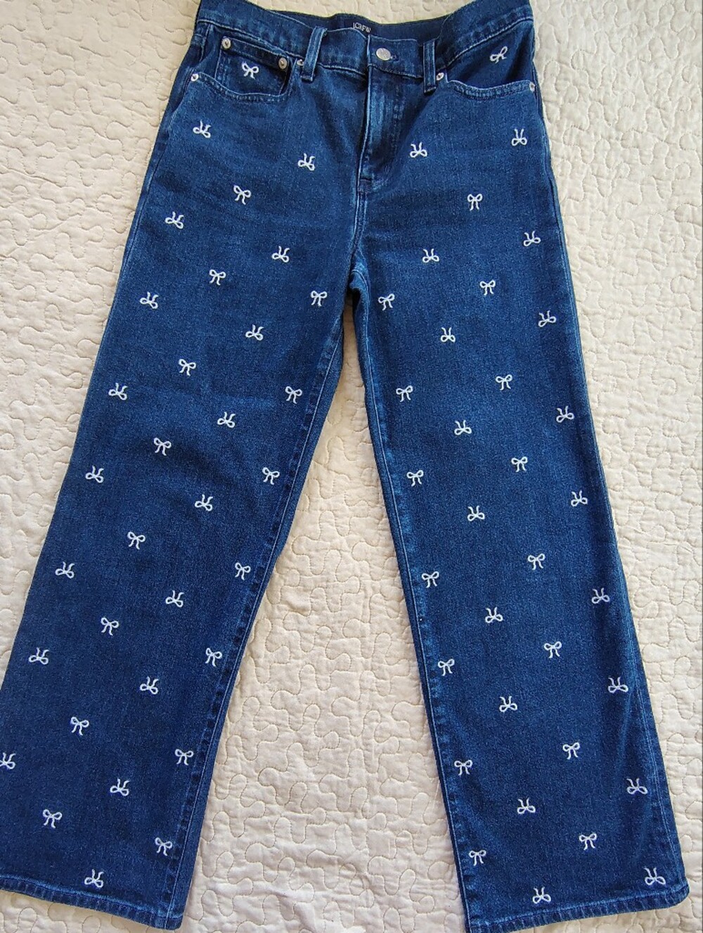 J. Crew Dark Blue Full Length Slim Wide Leg Jeans with White Bow Embroidery
